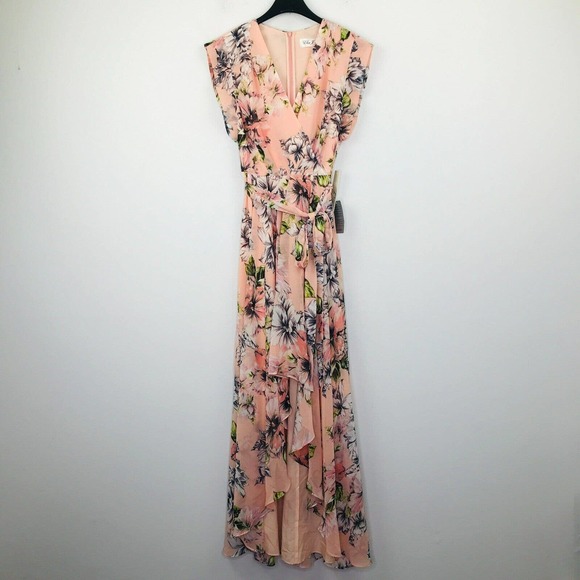Eliza J Women's 6 Dress Pink Floral Ruffle High Low Maxi Belted Surplice NWT Z5 - Picture 1 of 5